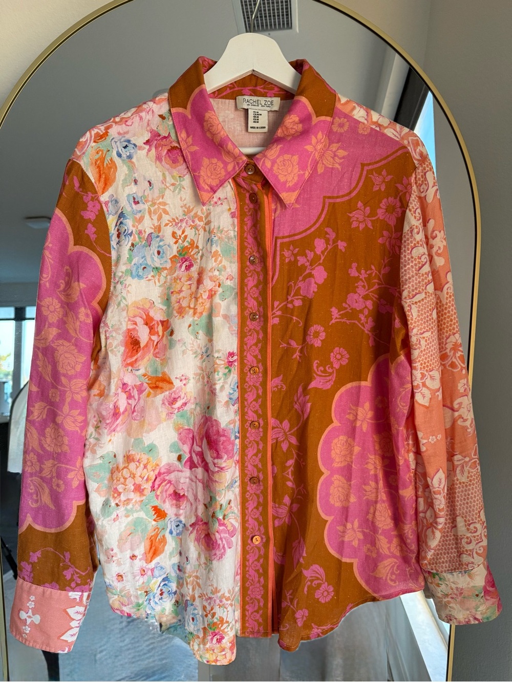 Rachel Zoe Pink & Brown Floral Shirt Size M